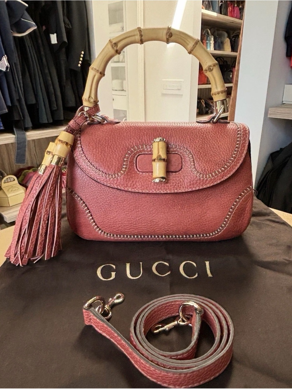 Gucci Pink Leather Bamboo-Handle Shoulder Bag with Tassel
